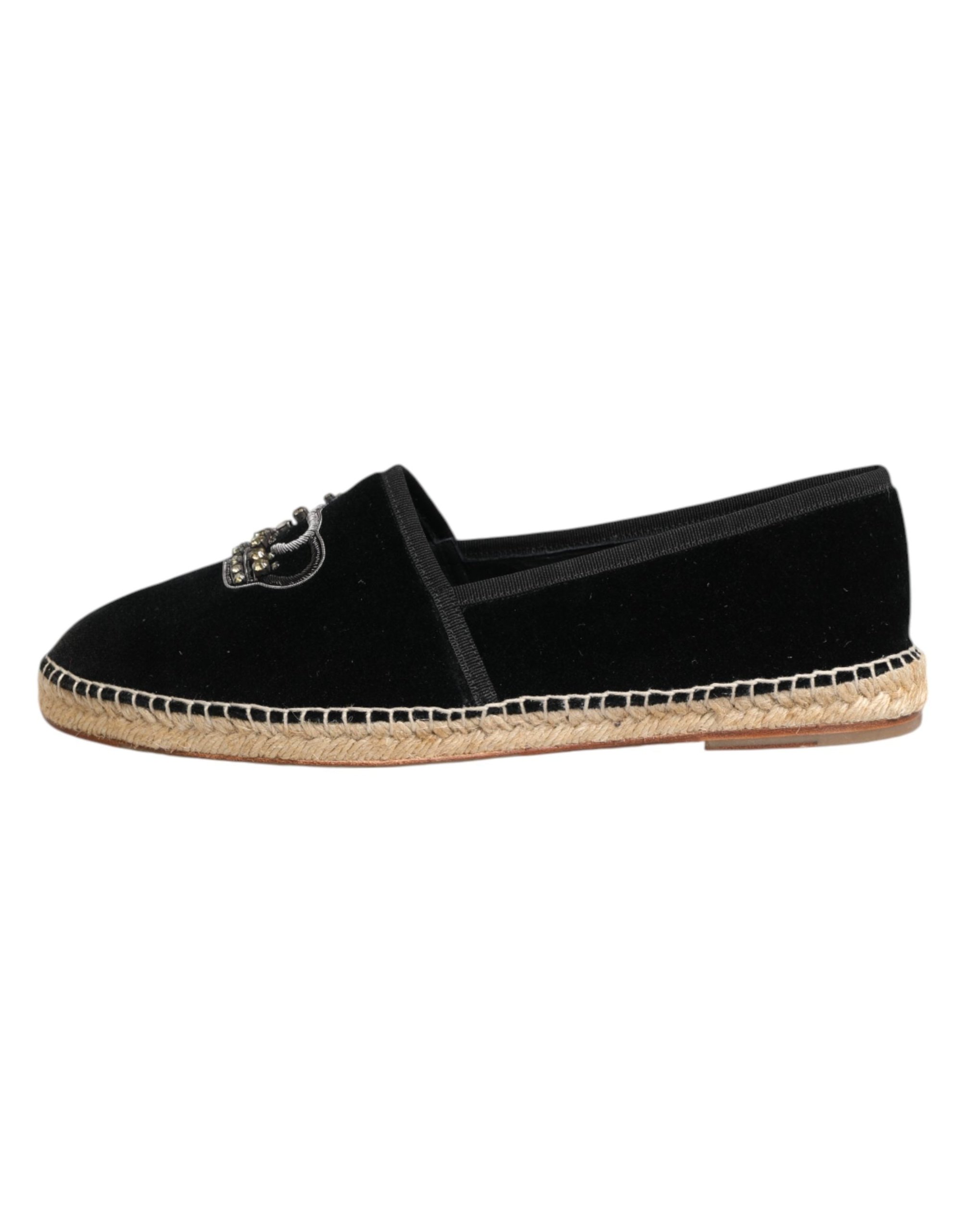 Dolce & Gabbana Crown-Embellished Velvet Espadrille Flat — Black, view 5