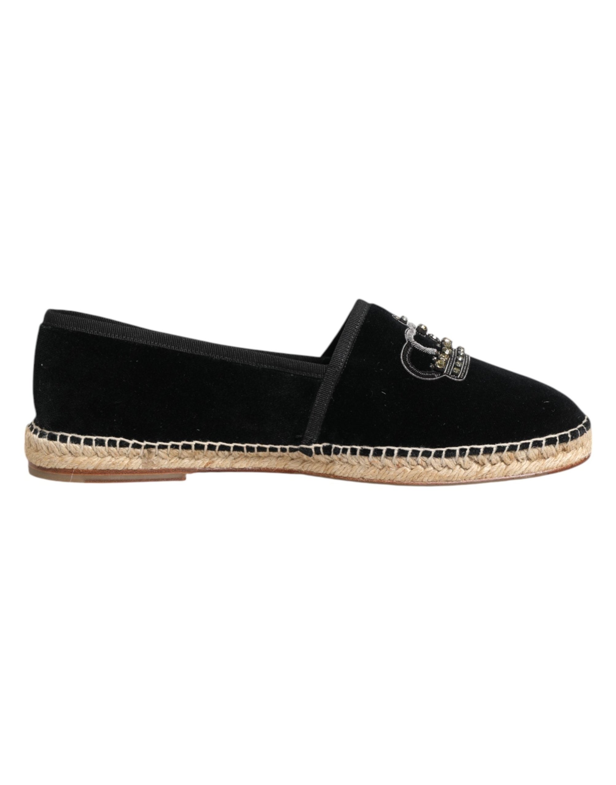 Dolce & Gabbana Crown-Embellished Velvet Espadrille Flat — Black, view 6
