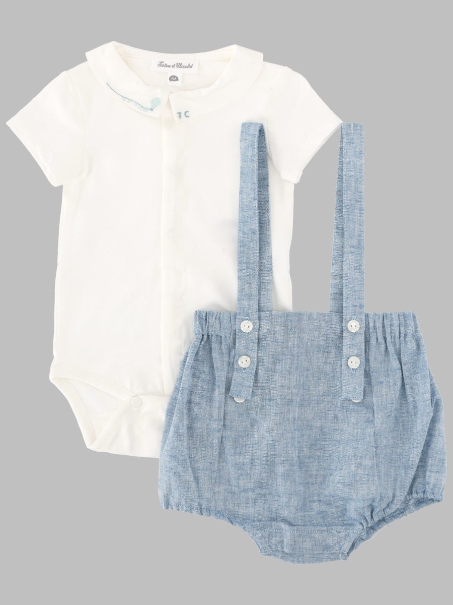 Tartine Et Chocolat Linen-Blend Bodysuit & Dungarees Set — Blue by Tartine Et Chocolat