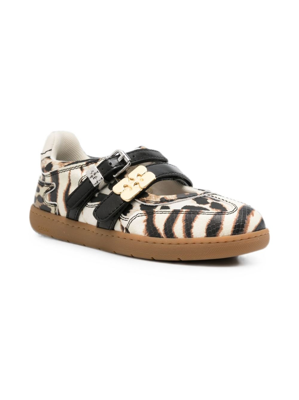 Ganni Zebra-Print Satin Ballet Flats — White, view 2