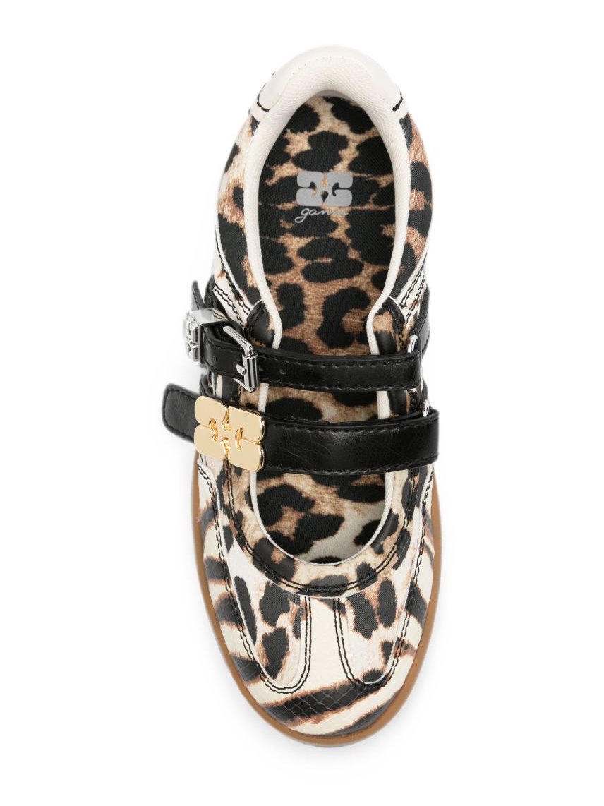 Ganni Zebra-Print Satin Ballet Flats — White, view 3