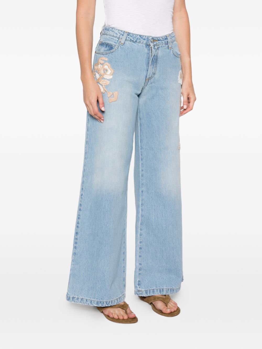 Ermanno Firenze Floral Embroidered Jeans — Light Blue, view 3