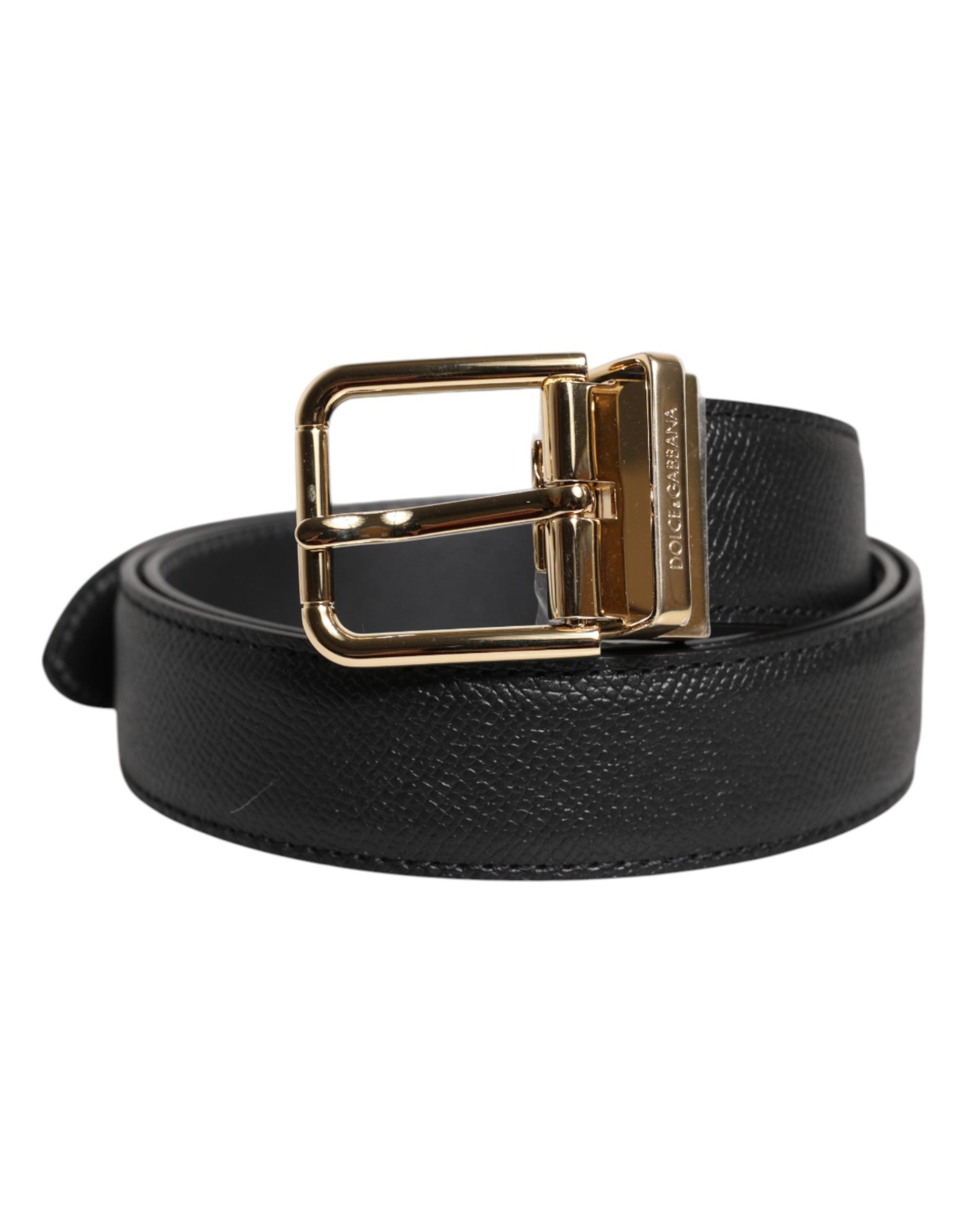 Dolce & Gabbana Grained Leather Gold Metal Buckle Belt — Black, view 6