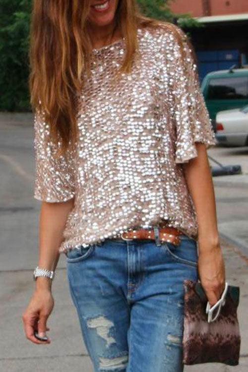 Margovil Crewneck Half Sleeve Sequin T Shirt, view 2