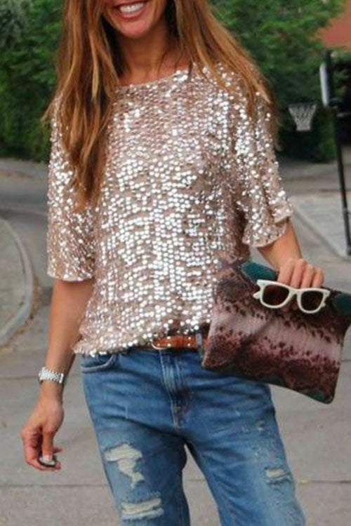 Margovil Crewneck Half Sleeve Sequin T Shirt, view 4