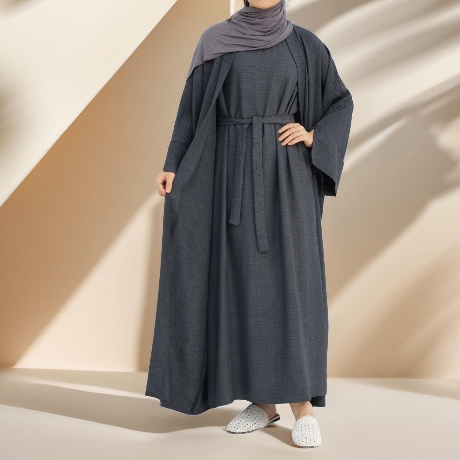 Kamila Classic: 2-Piece Plain Open Abaya Set by Try Modest