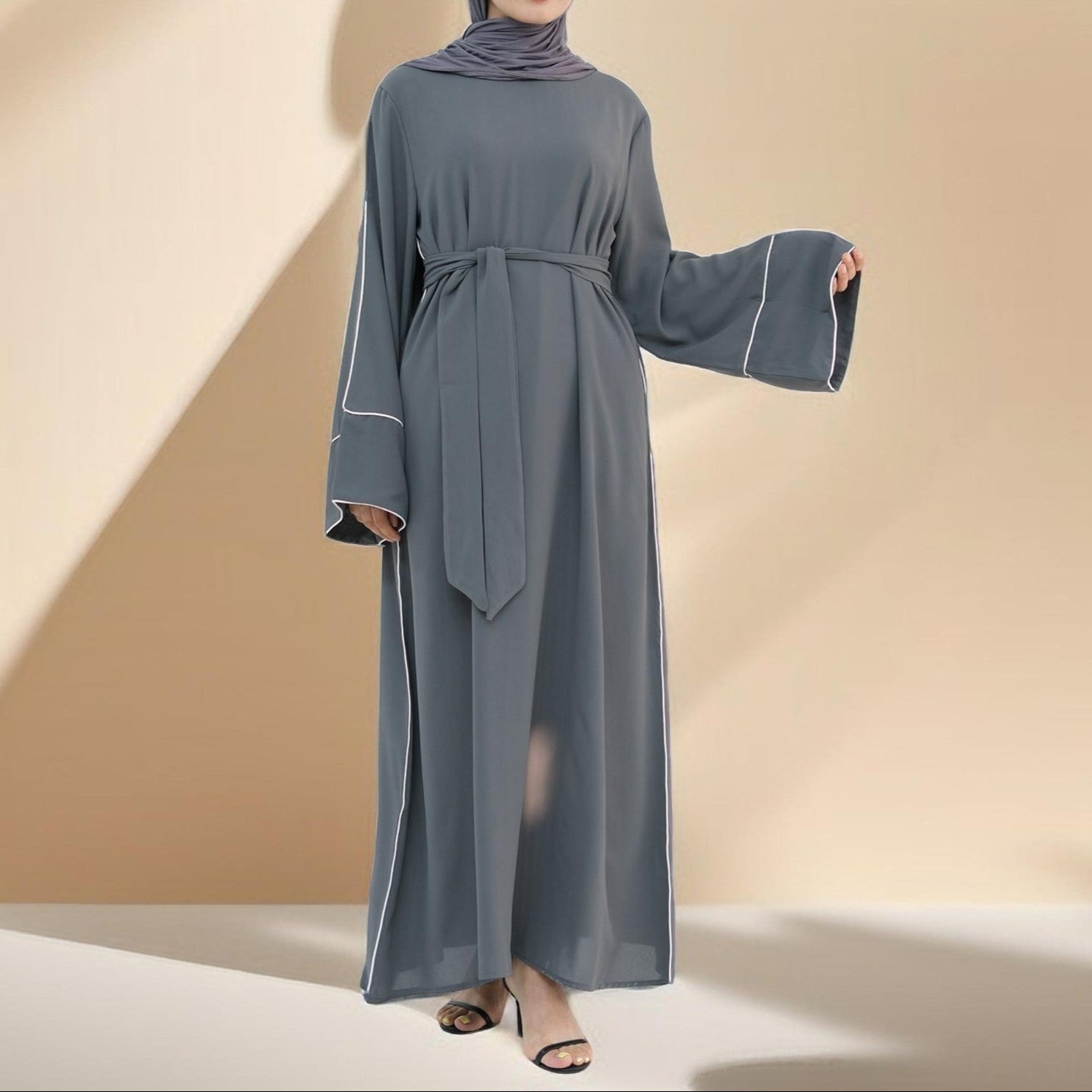 Abir Solid Color Flared Sleeve Abaya, view 6