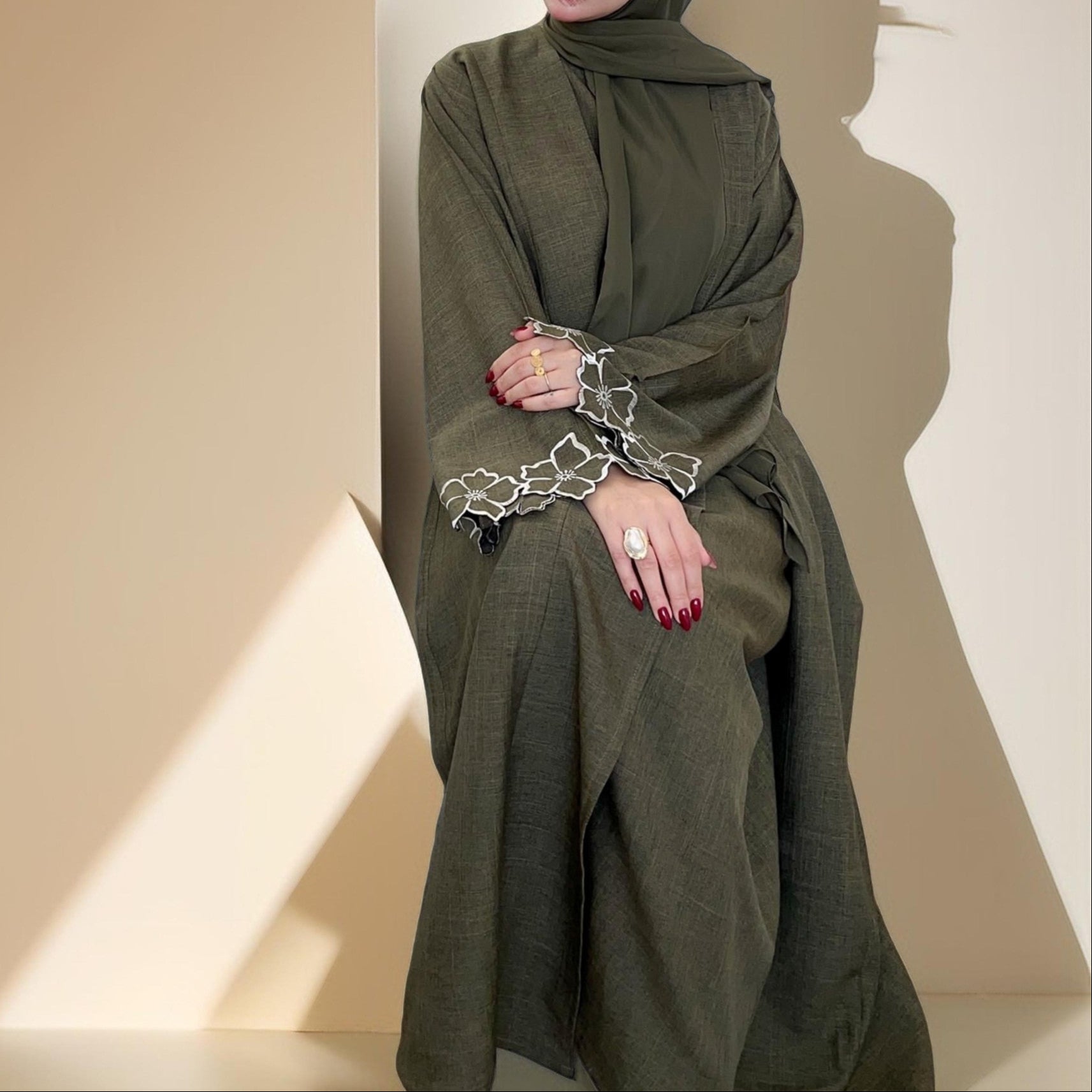 Lily 2 PC Abaya Set with Elegant Floral Sleeve Embroidery by Try Modest