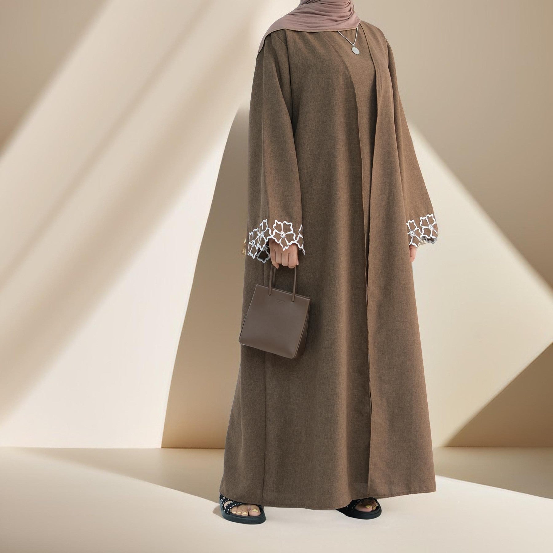 Lily 2 PC Abaya Set with Elegant Floral Sleeve Embroidery, view 2