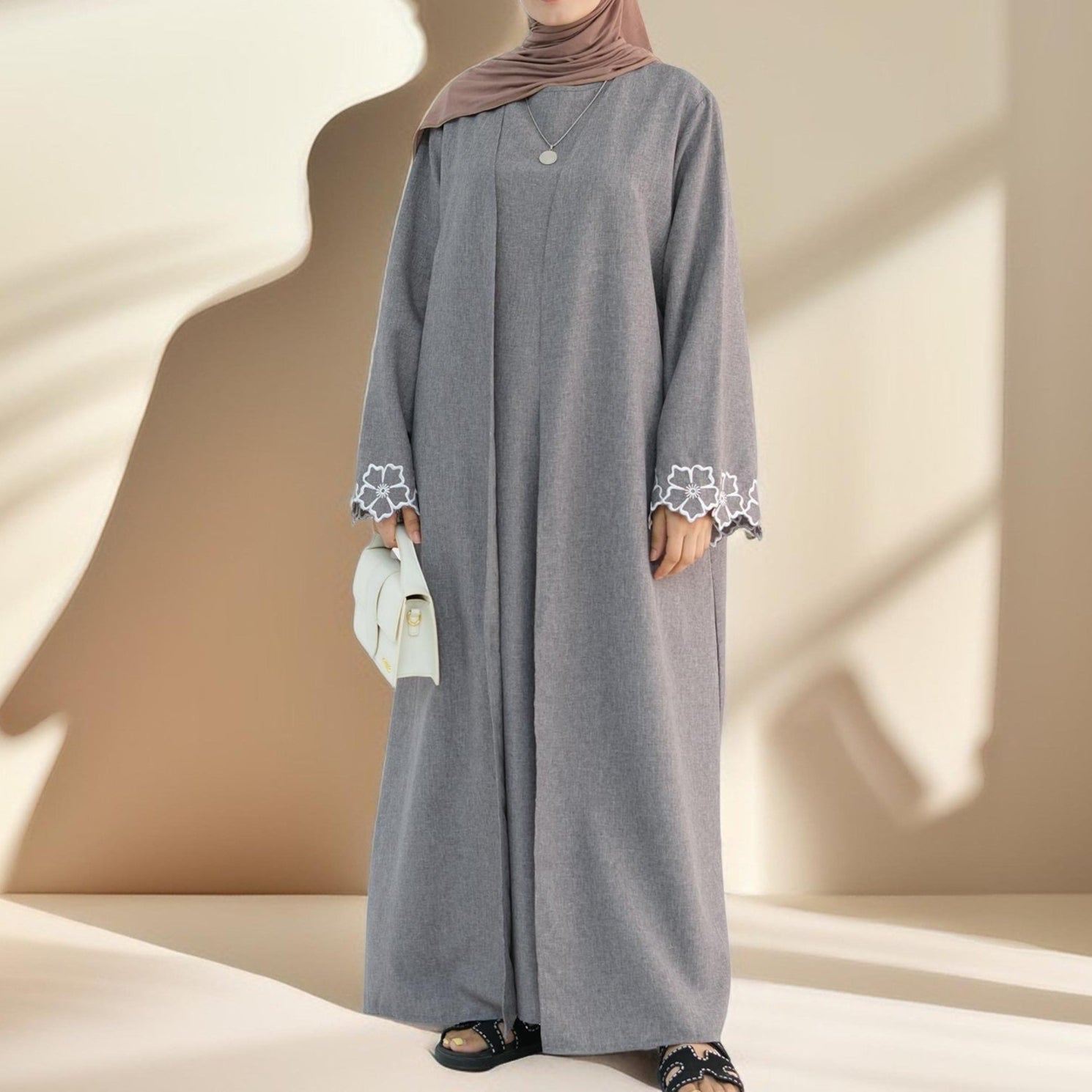 Lily 2 PC Abaya Set with Elegant Floral Sleeve Embroidery, view 6