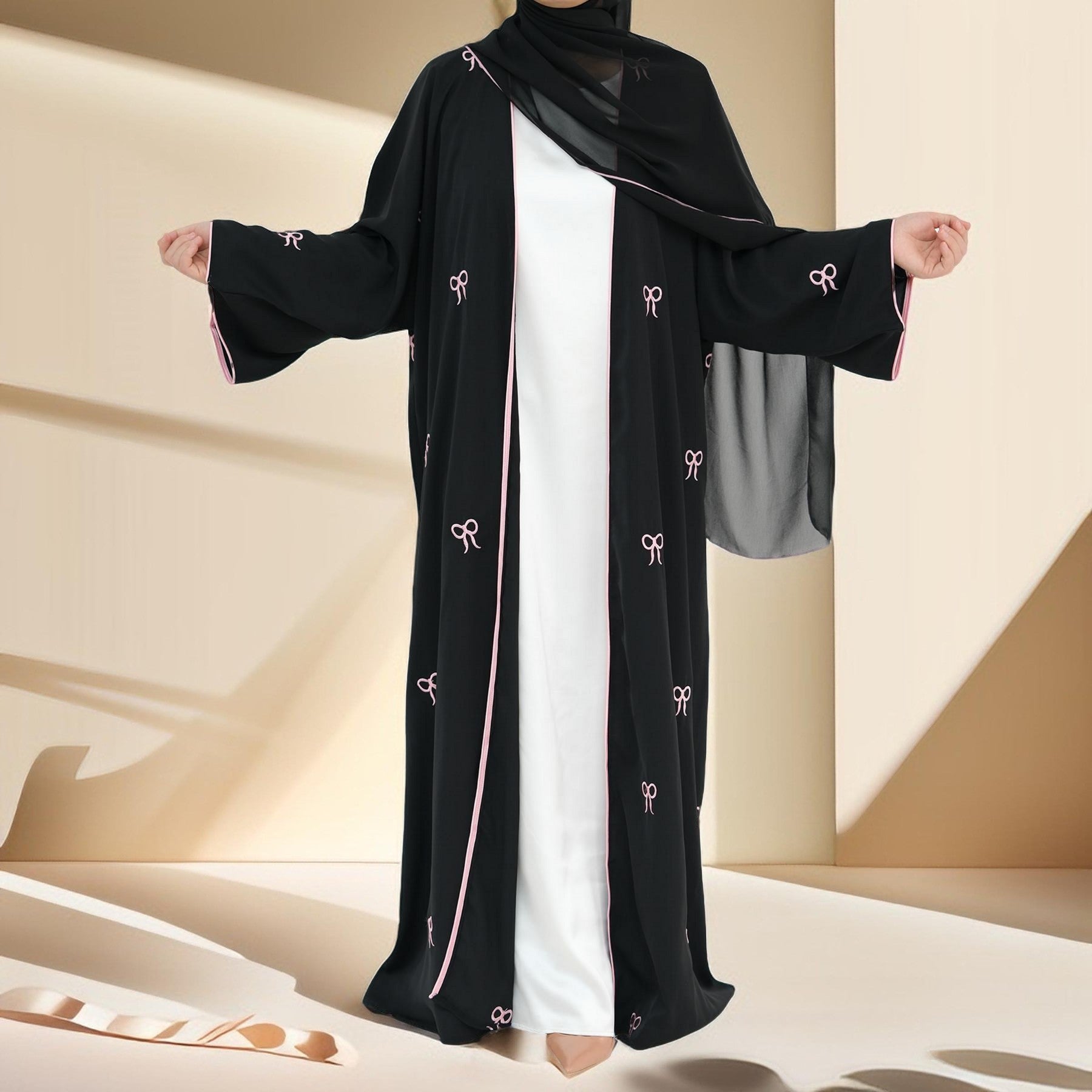 Habeeba Bowtie Open Abaya-Black by Try Modest