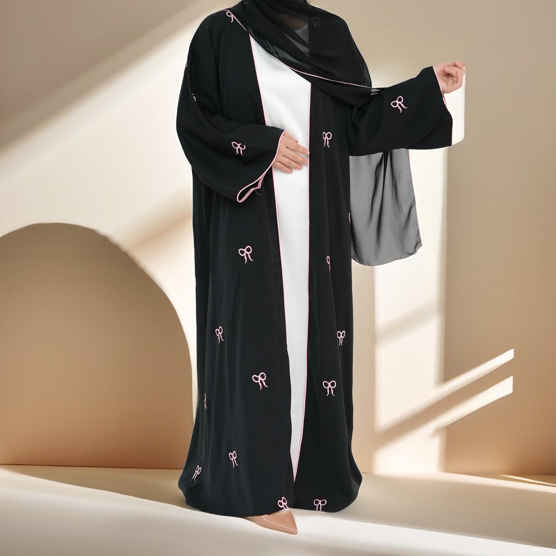 Habeeba Bowtie Open Abaya-Black, view 2