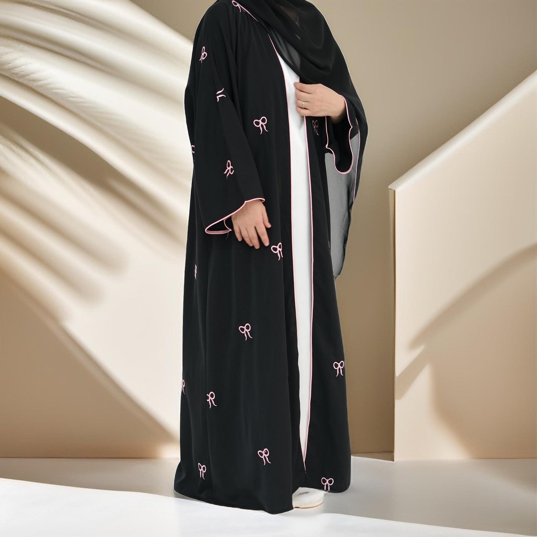 Habeeba Bowtie Open Abaya-Black, view 3