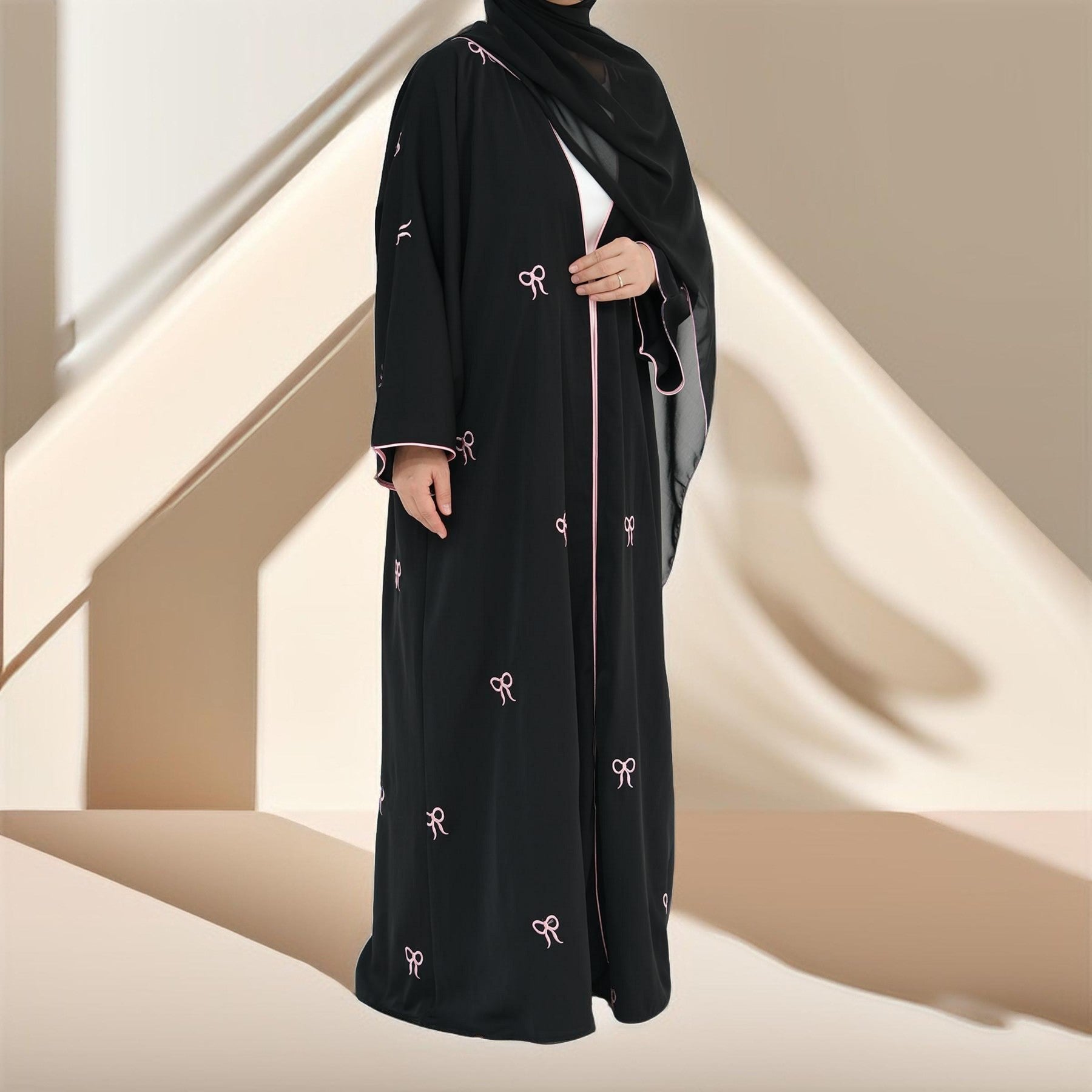 Habeeba Bowtie Open Abaya-Black, view 4
