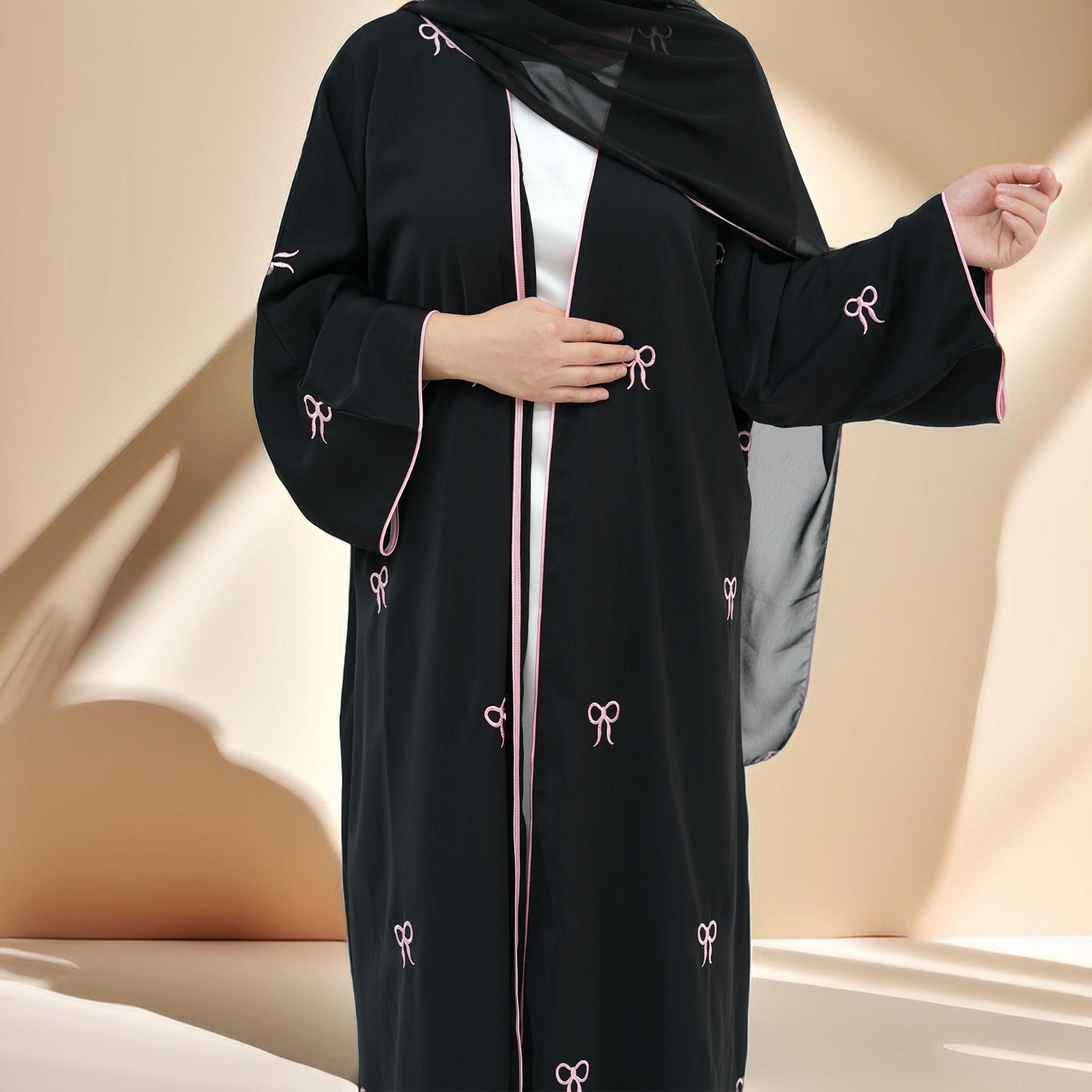 Habeeba Bowtie Open Abaya-Black, view 6