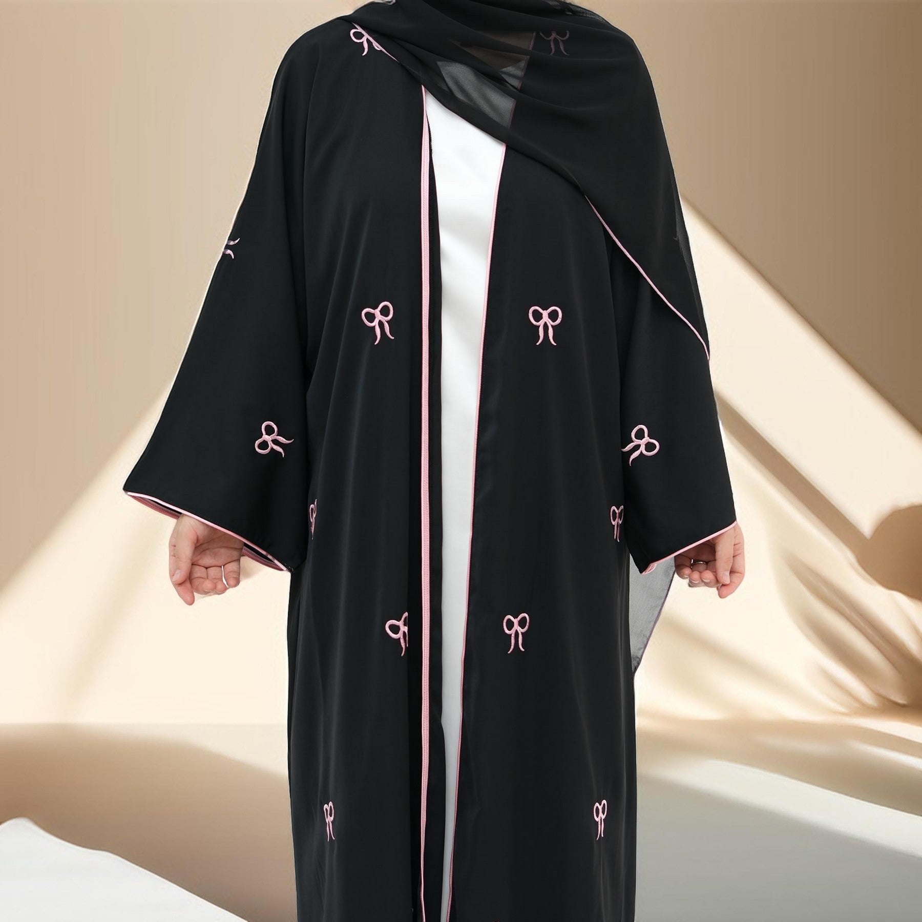 Habeeba Bowtie Open Abaya-Black, view 8