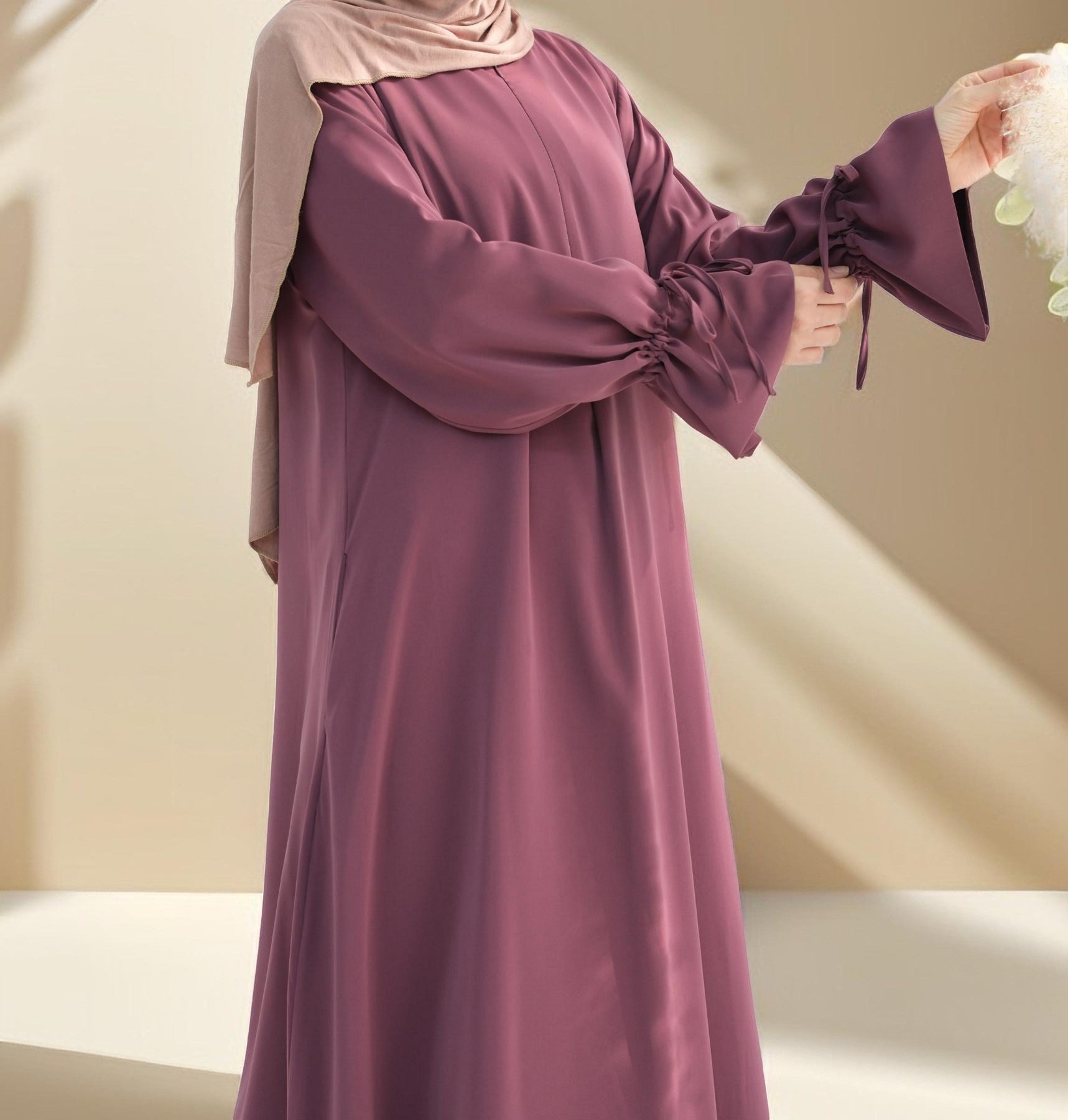 Amani Front Zipper Abaya with Ruffled Sleeves, view 2