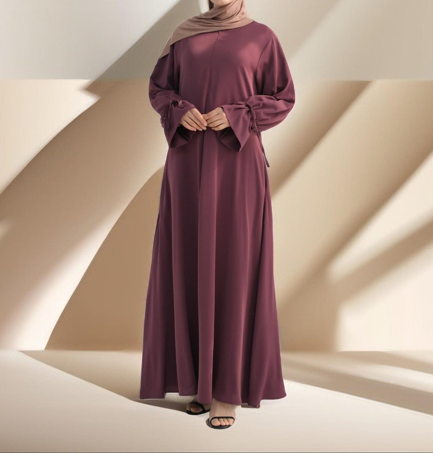 Amani Front Zipper Abaya with Ruffled Sleeves, view 4