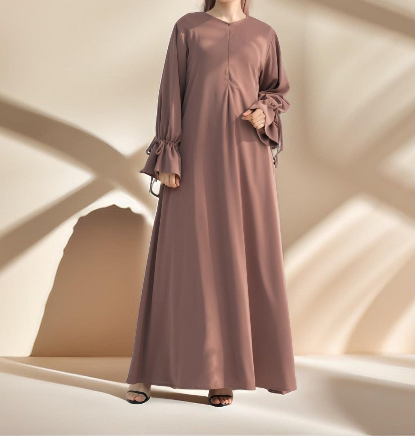 Amani Front Zipper Abaya with Ruffled Sleeves, view 5