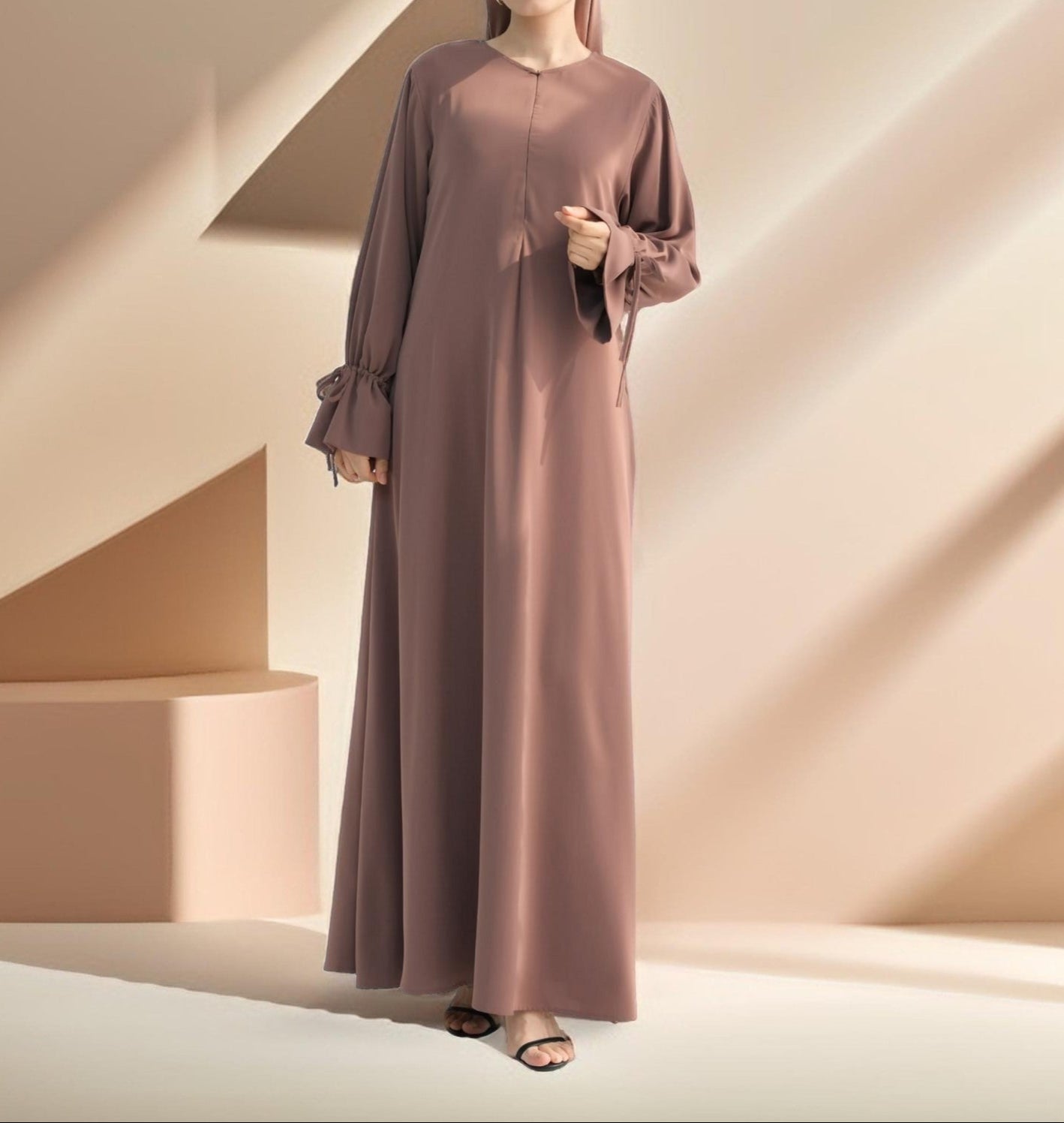 Amani Front Zipper Abaya with Ruffled Sleeves, view 6