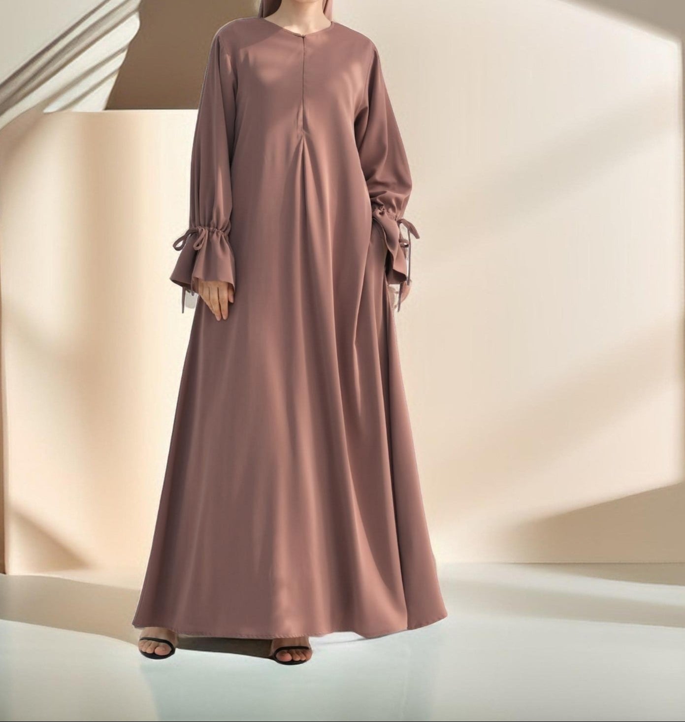Amani Front Zipper Abaya with Ruffled Sleeves, view 7