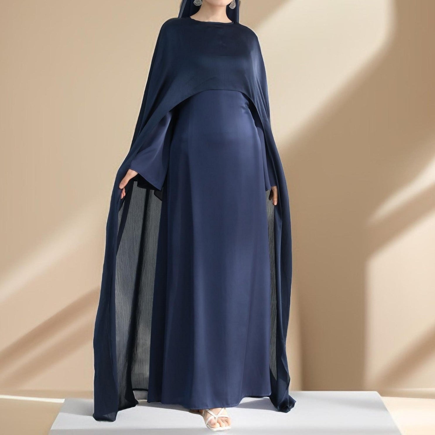 Raneem Satin Dress with Chiffon Cape, view 2