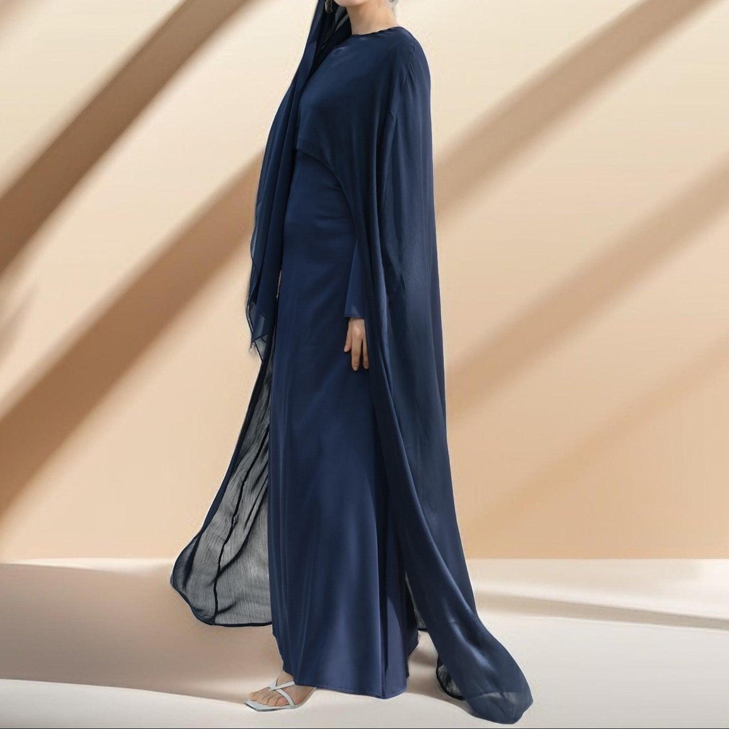 Raneem Satin Dress with Chiffon Cape, view 3