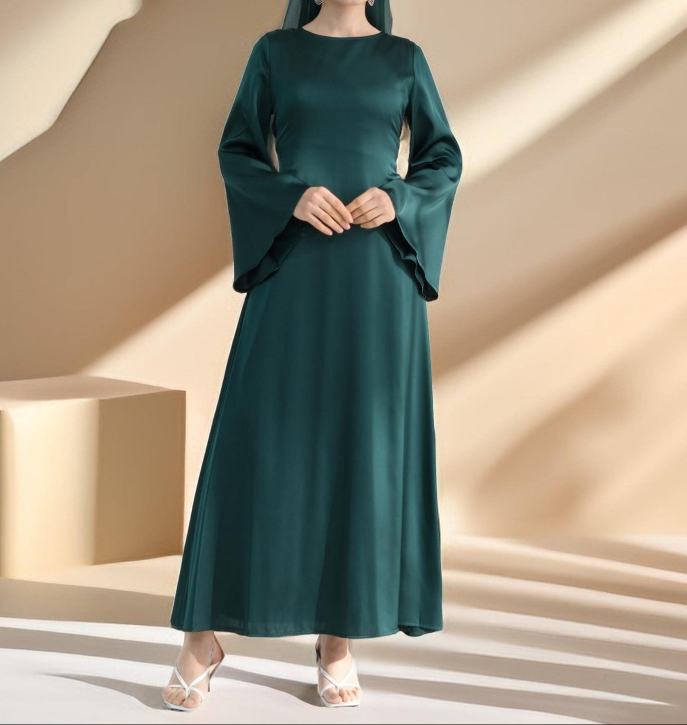 Raneem Satin Dress with Chiffon Cape, view 4