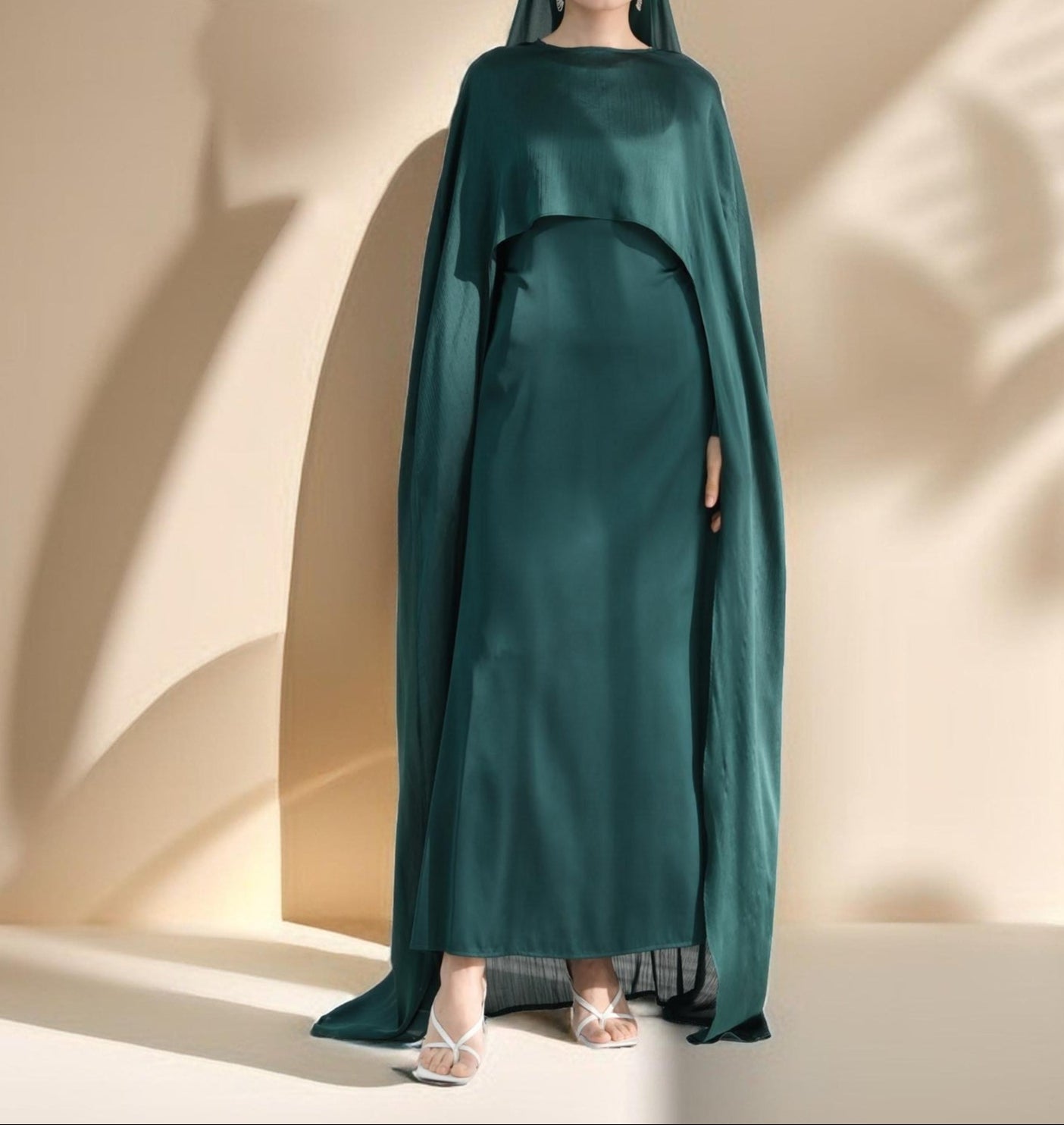 Raneem Satin Dress with Chiffon Cape, view 6