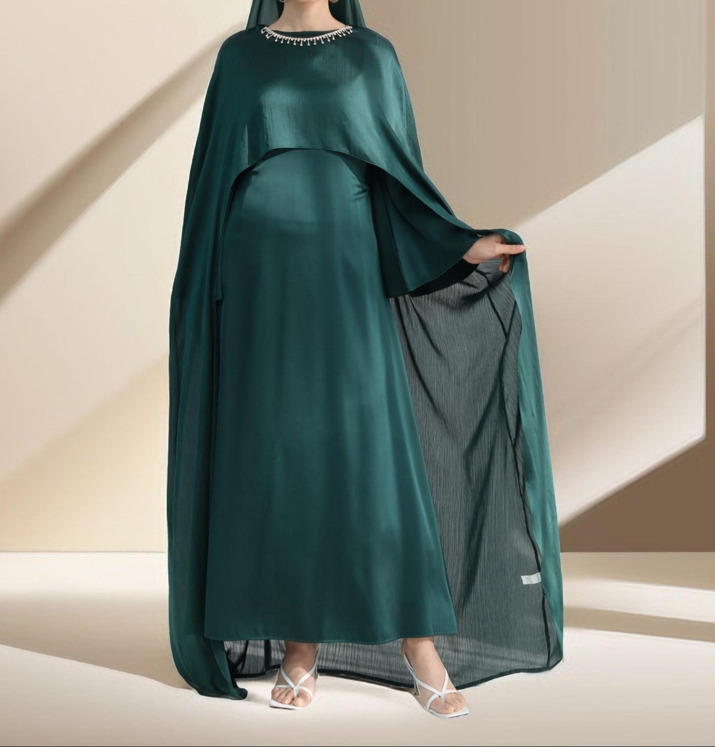 Raneem Satin Dress with Chiffon Cape, view 7