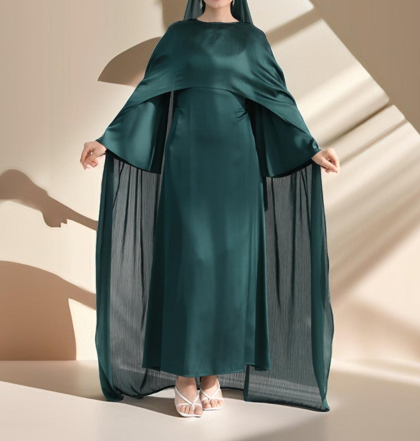 Raneem Satin Dress with Chiffon Cape, view 8