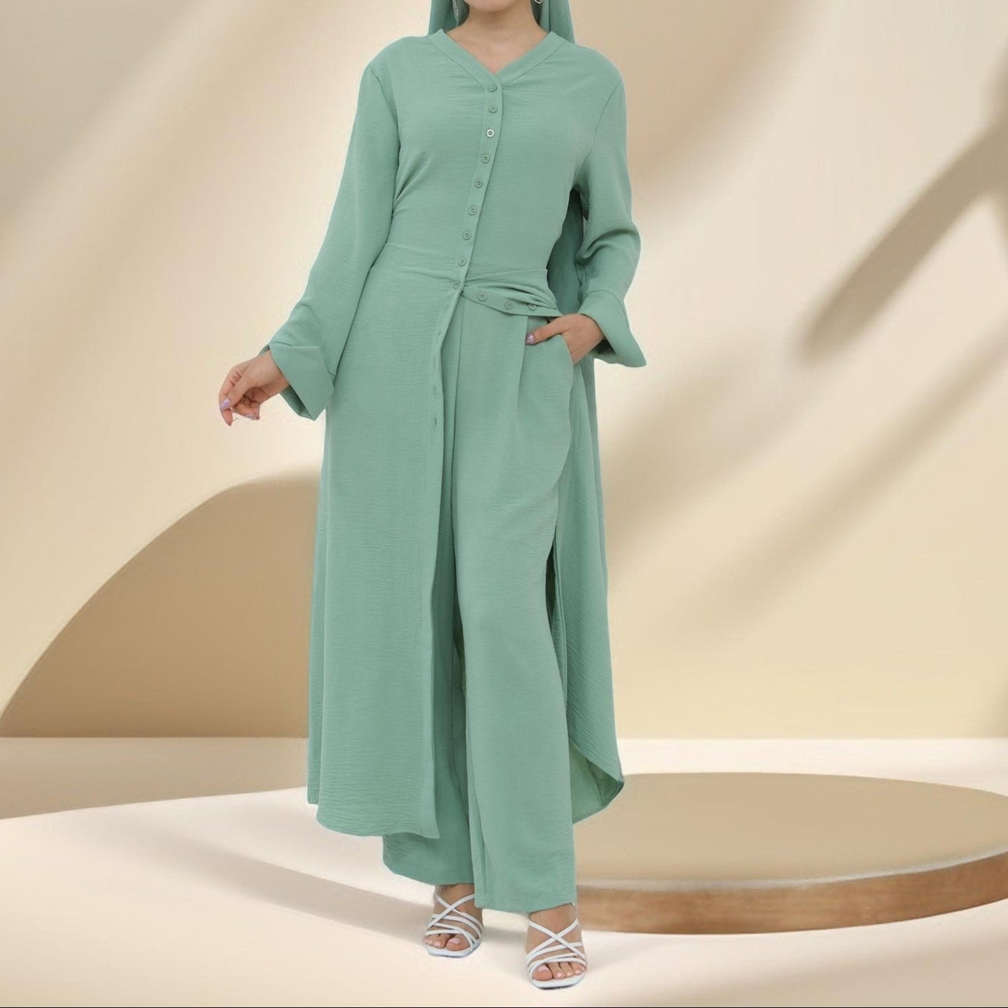 Milan Button-Down Tunic Abaya and Pants Set, view 4