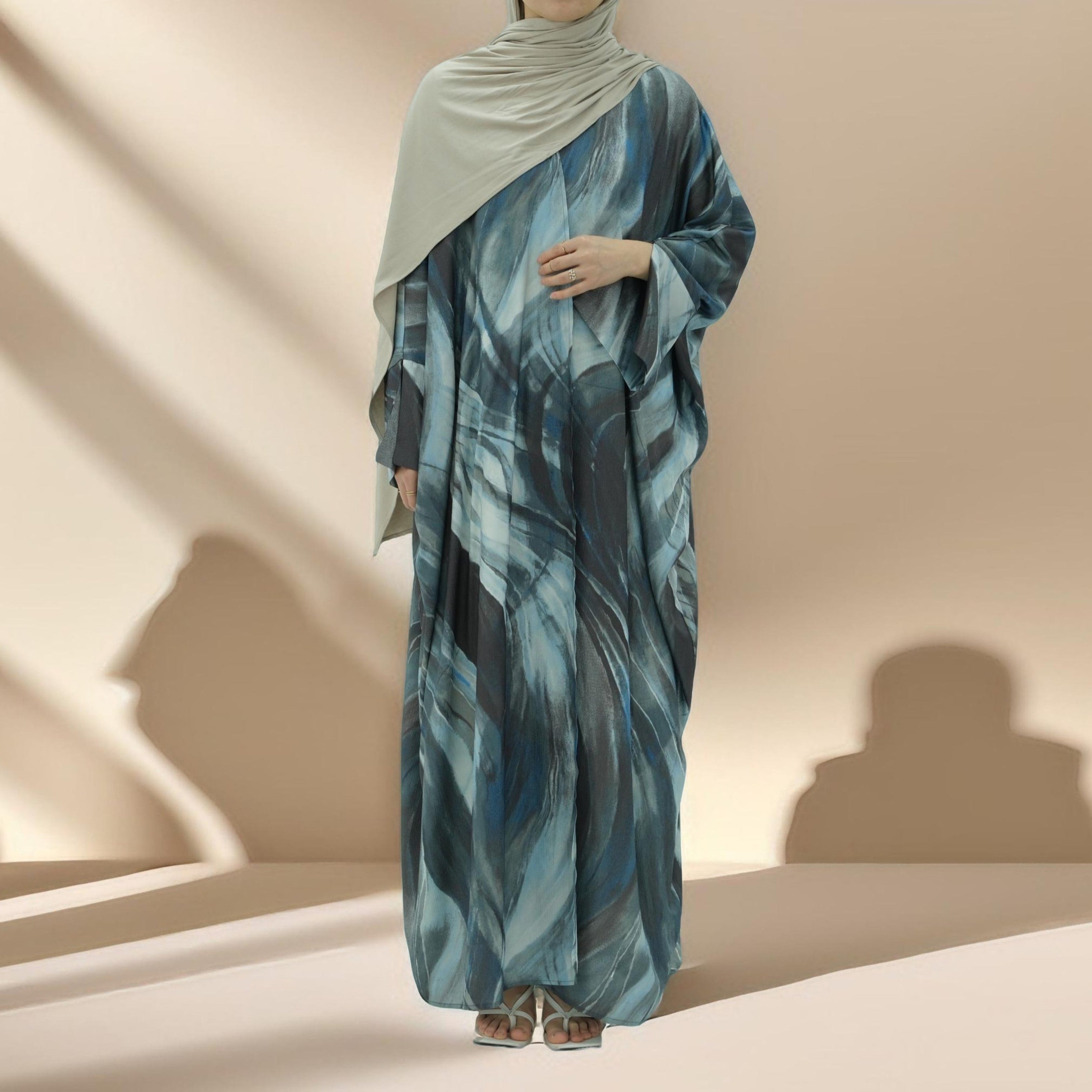 Water Marble Satin Printed Open Abaya by Try Modest