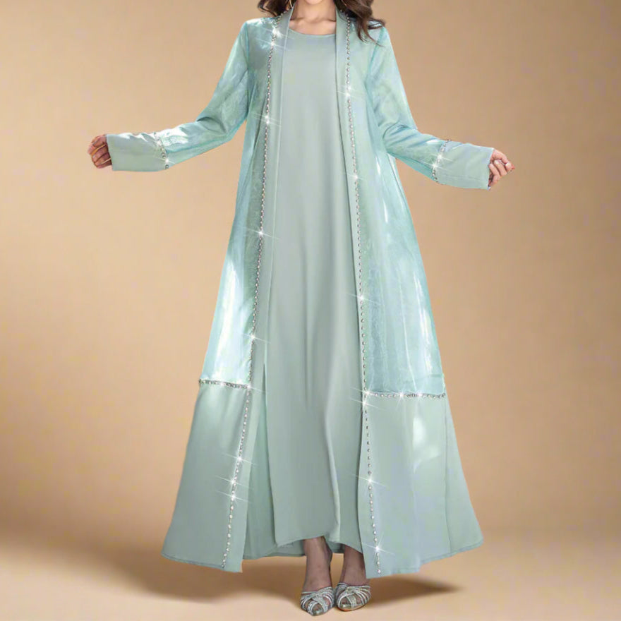 Zayna Crystal Sheer Overlay Abaya & Dress Set, view 2