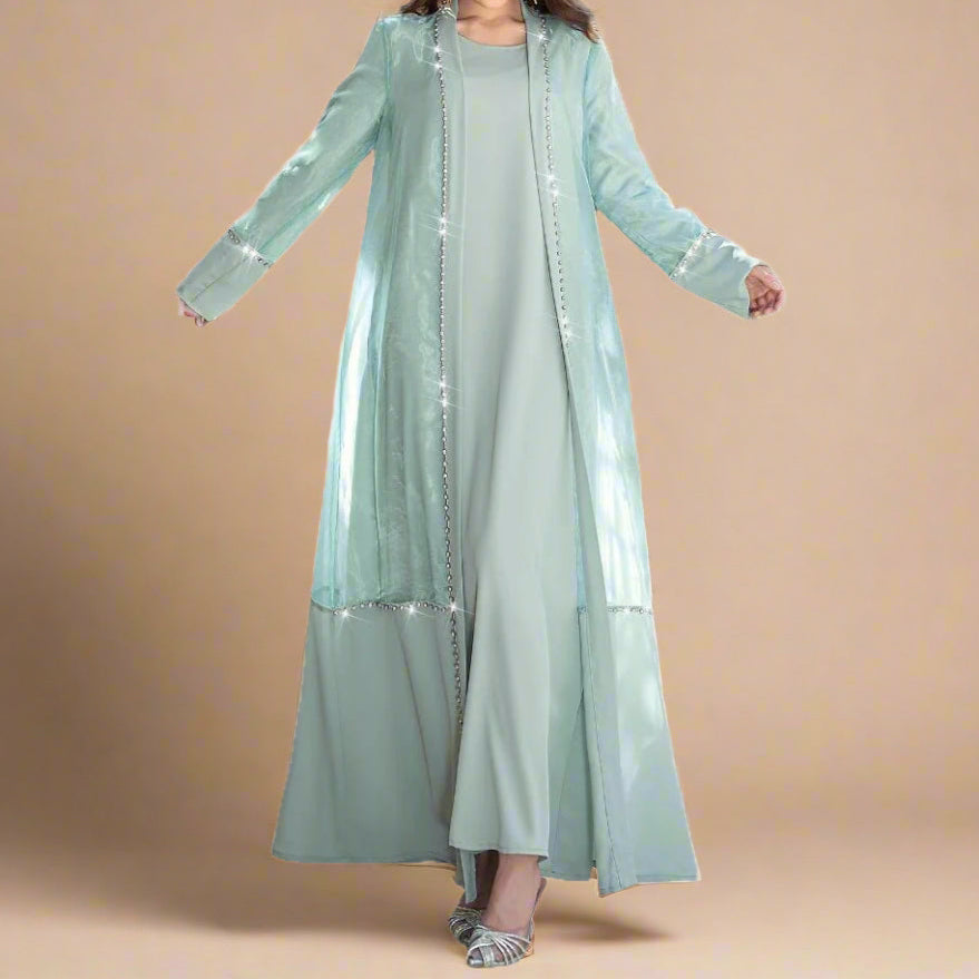 Zayna Crystal Sheer Overlay Abaya & Dress Set, view 5