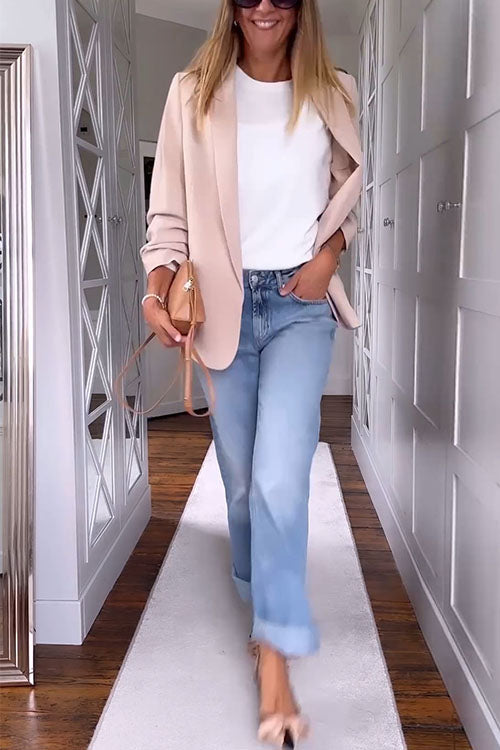 Ruched Open Front Long Sleeves Apricot Blazer, view 2