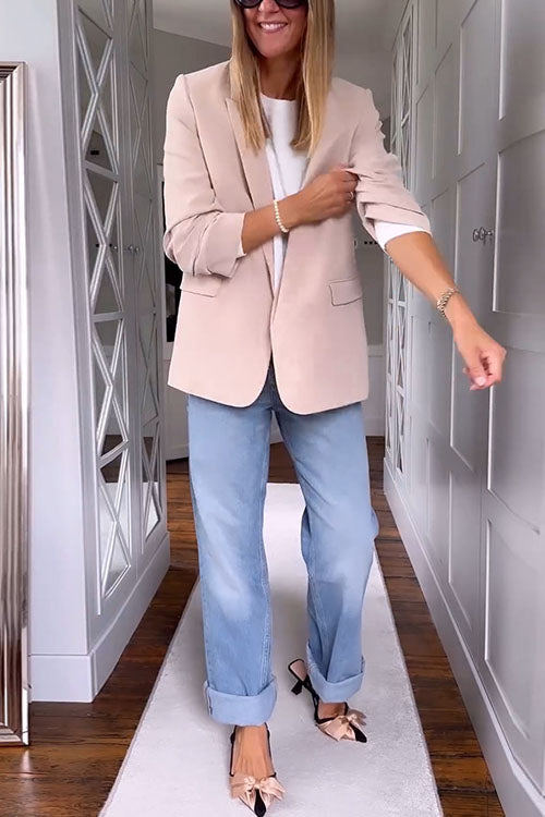 Ruched Open Front Long Sleeves Apricot Blazer, view 3