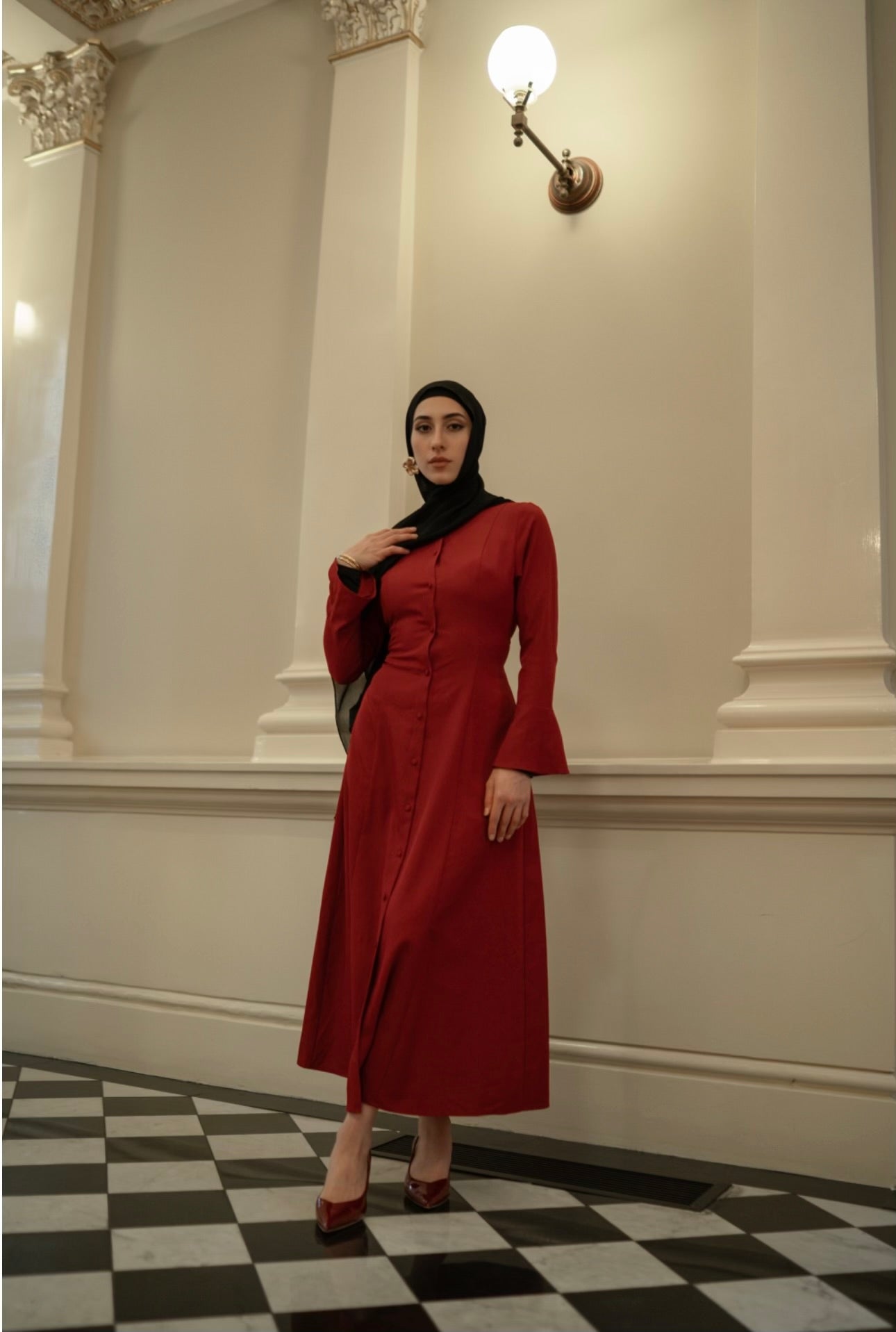 Red Amara Flare Button Dress, view 3