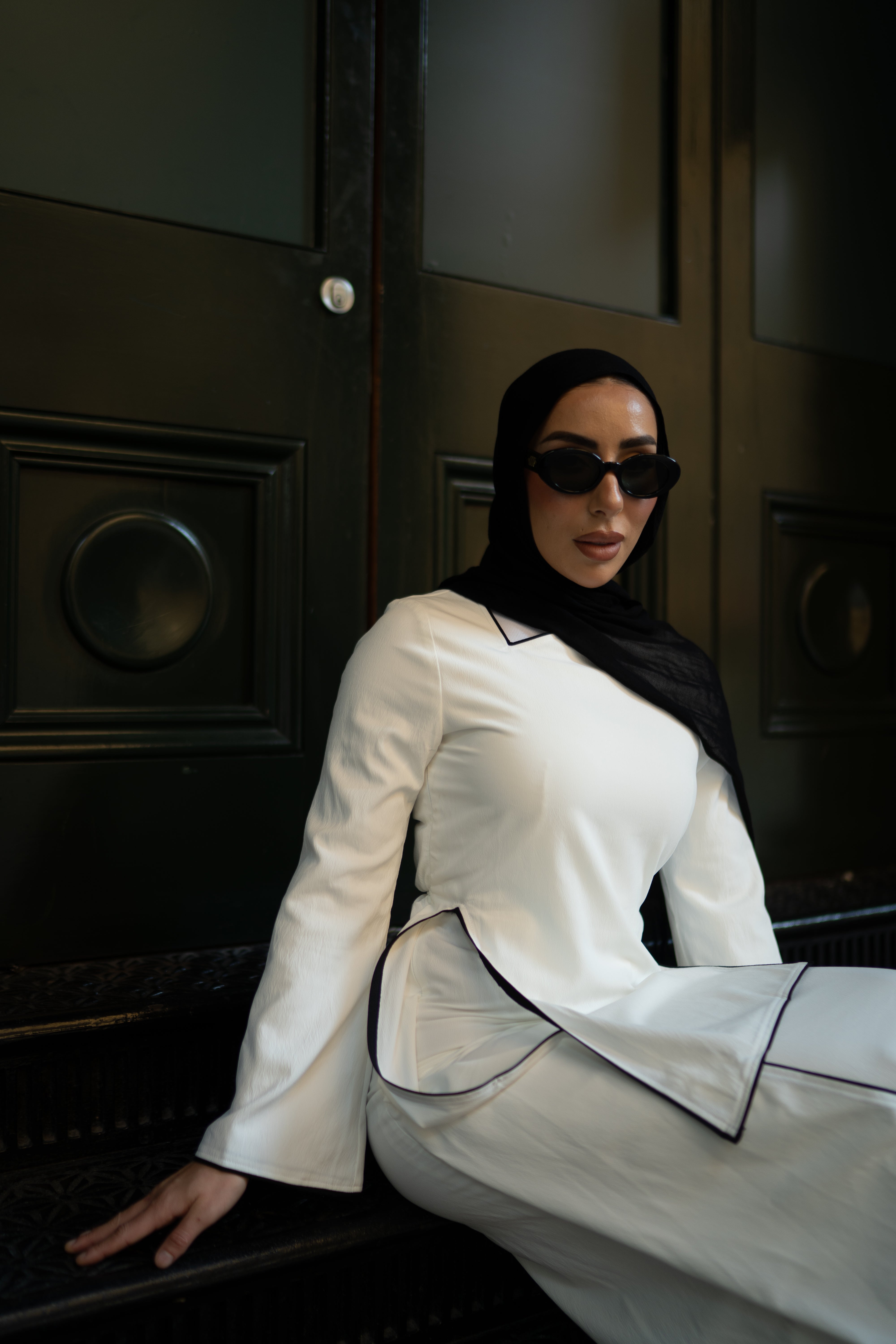 Nora Asymmetrical Dress White with Black Binding by Orlena Official