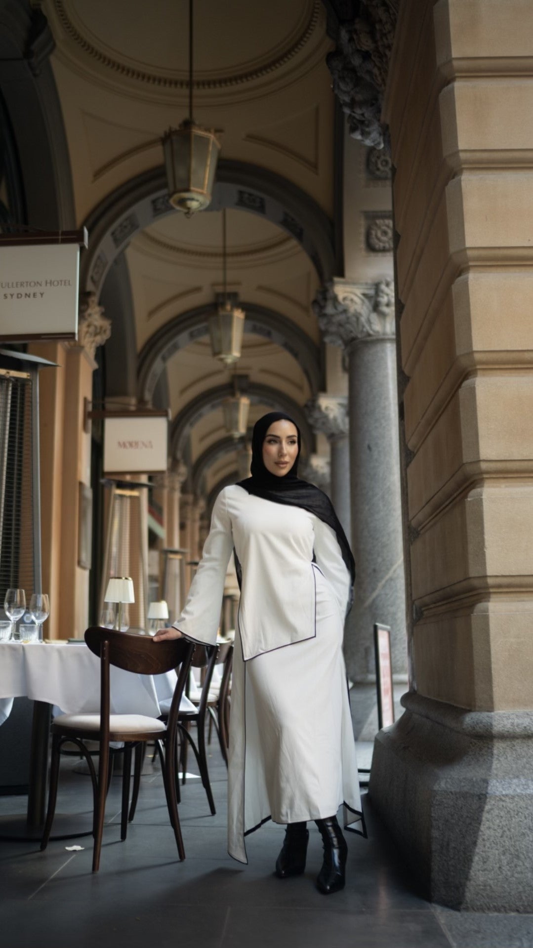 Nora Asymmetrical Dress White with Black Binding, view 2