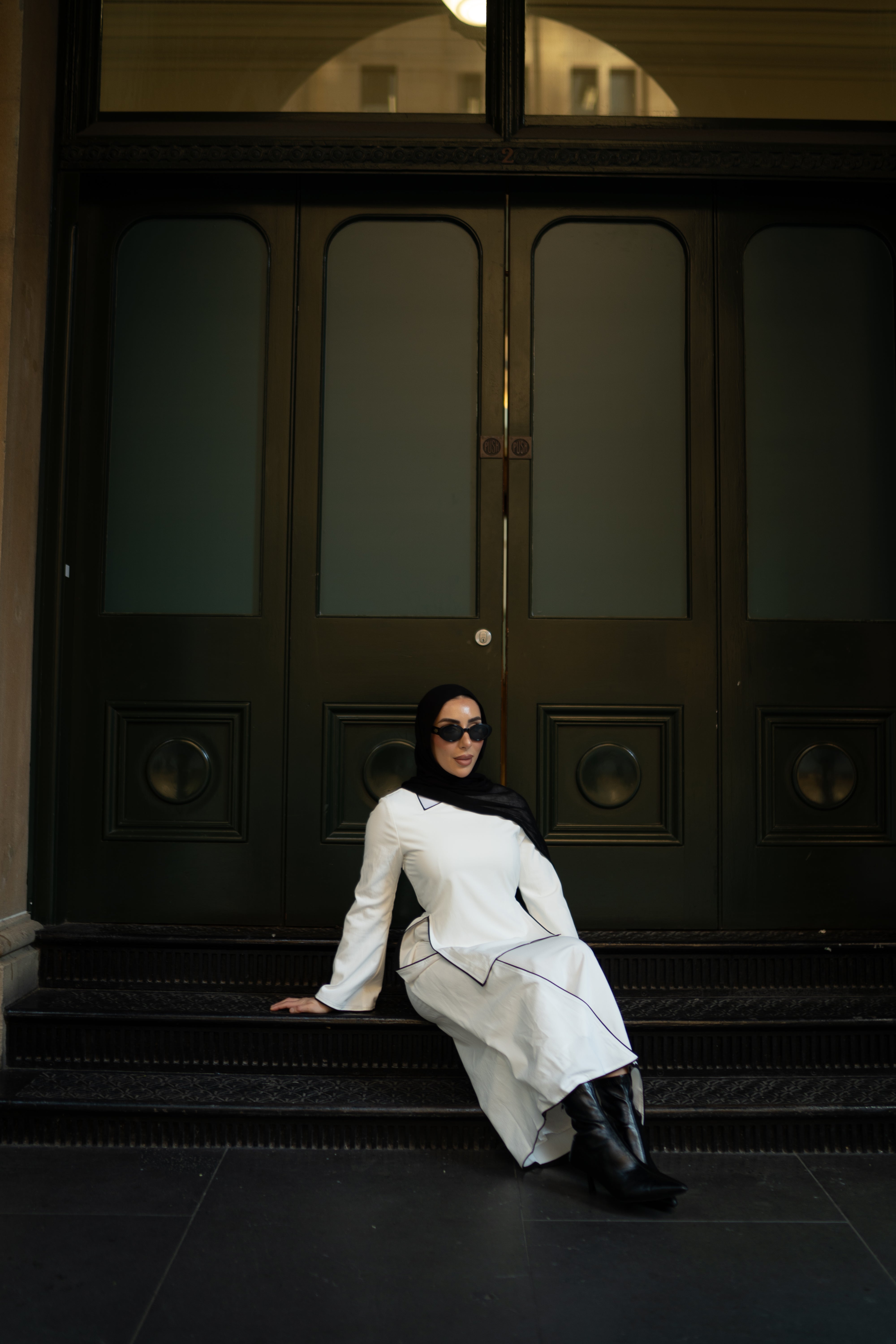 Nora Asymmetrical Dress White with Black Binding, view 3