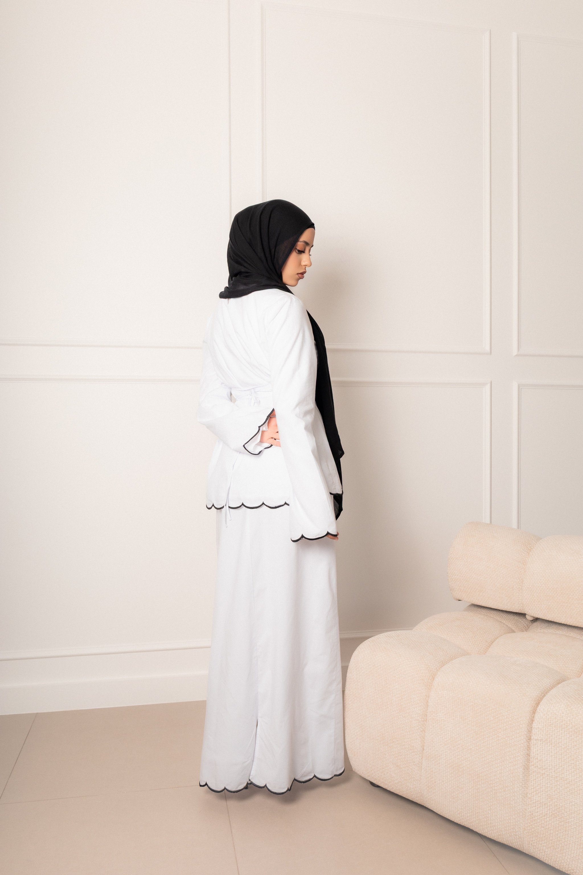 Odette Scallop Set White Two Piece Top and Skirt, view 3