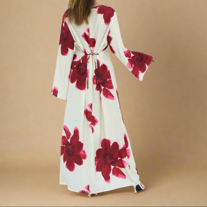 White Blossom Floral Bell-Sleeve Modest Maxi Dress, view 2
