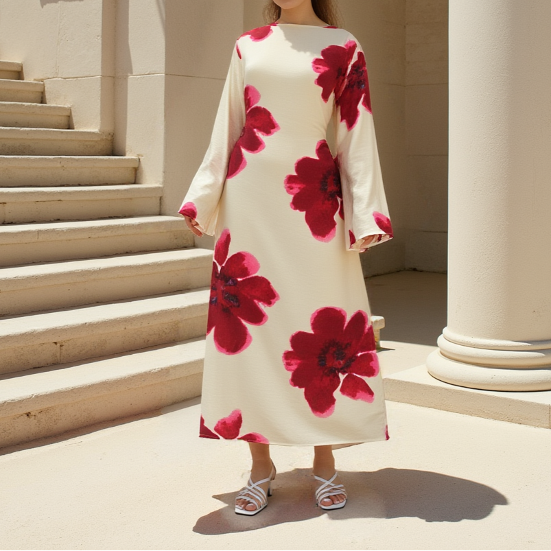 White Blossom Floral Bell-Sleeve Modest Maxi Dress, view 3