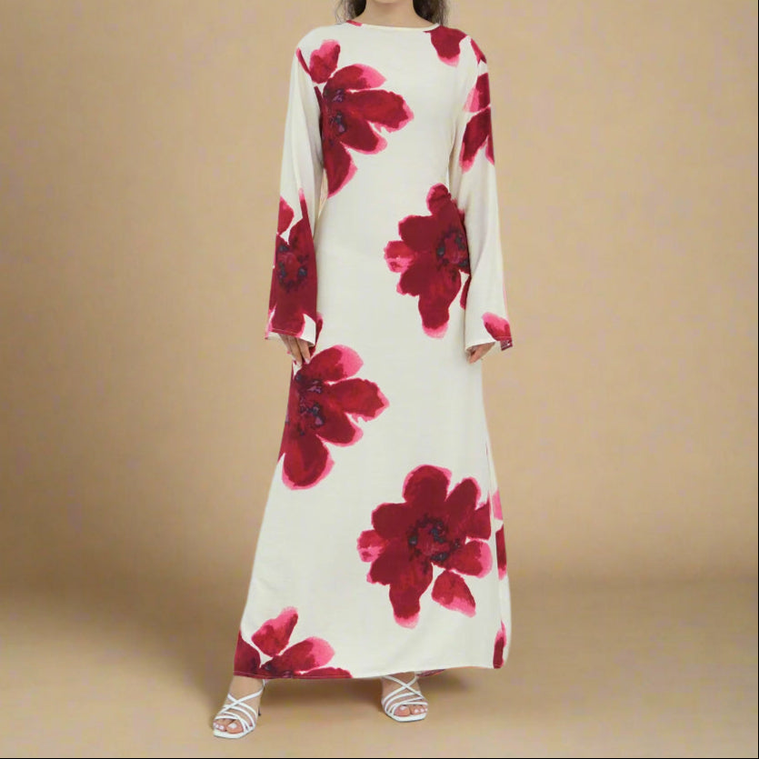 White Blossom Floral Bell-Sleeve Modest Maxi Dress, view 4