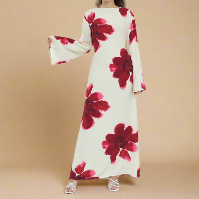 White Blossom Floral Bell-Sleeve Modest Maxi Dress, view 5