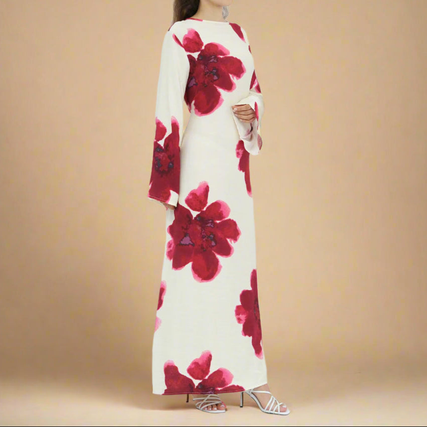 White Blossom Floral Bell-Sleeve Modest Maxi Dress, view 7