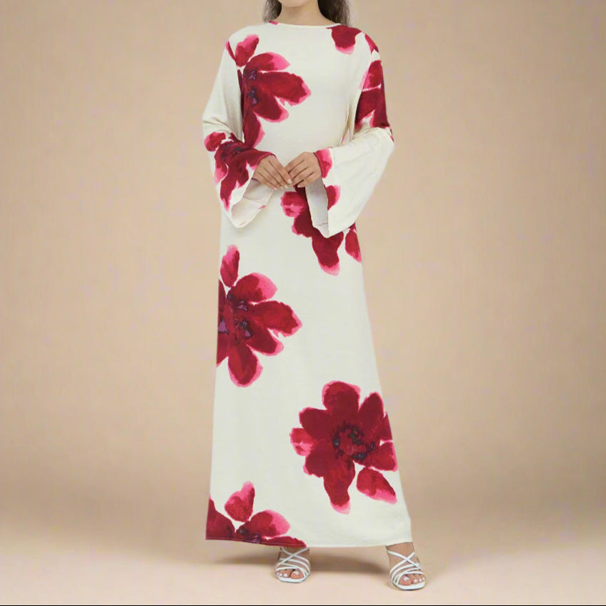 White Blossom Floral Bell-Sleeve Modest Maxi Dress, view 8