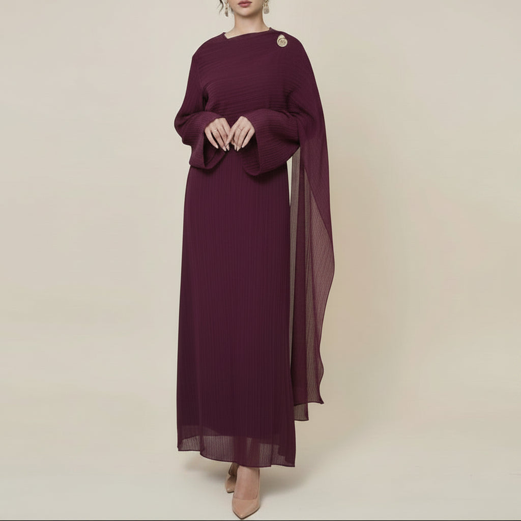 Maya Pleated Long Sleeve Modest Maxi Dress, view 3