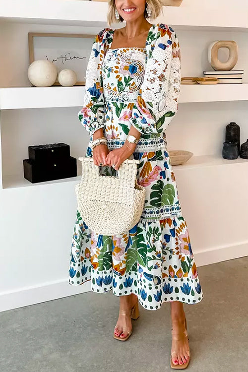 Square Collar Puff Sleeves Printed Midi Garden Party Dress by Margovil